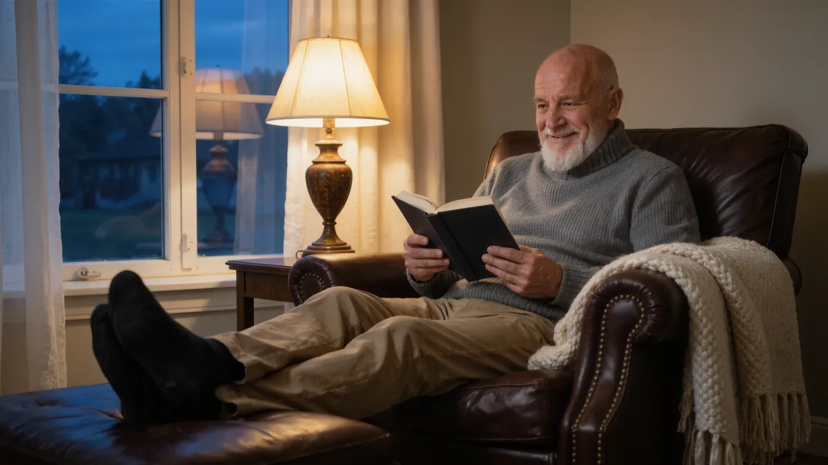 A man reading in an armchair under a warm lamp in the evening