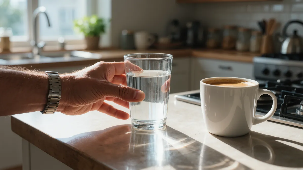 A glass of water and a cup of coffee on a sunny kitchen counter