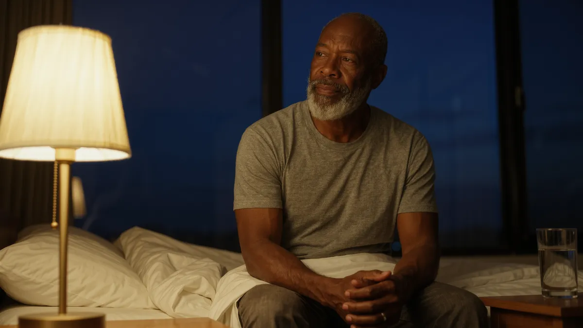 A man sitting on the edge of his bed at night under a bedside lamp