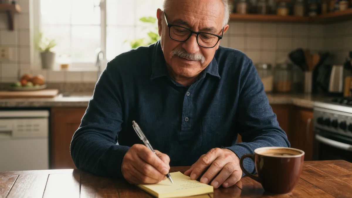 A man writing a short list at his kitchen table before a doctor visit